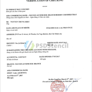 Vietnam Asia Commercial Bank checking account PSD template verification
